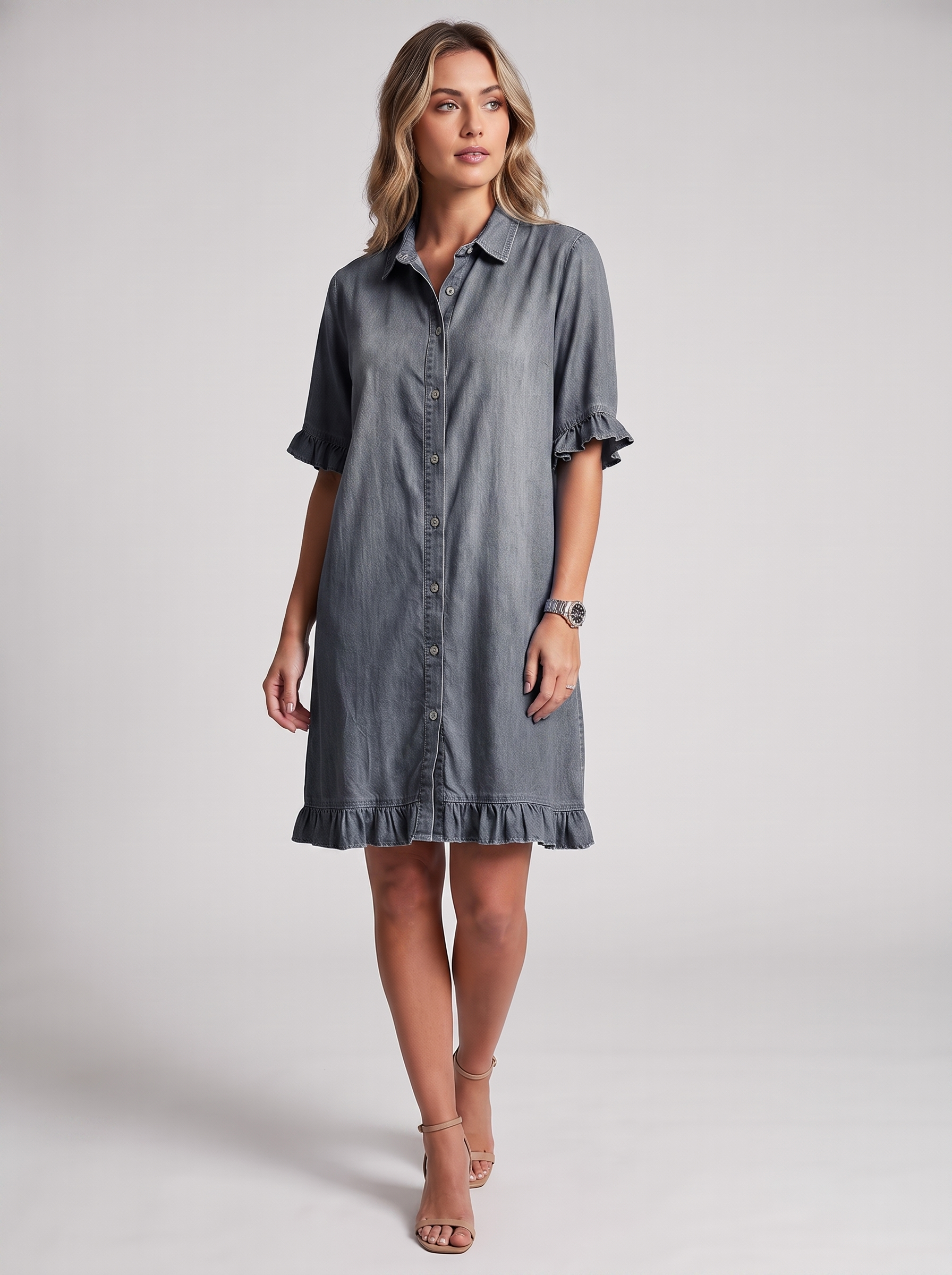Women's Ruffled-Edge Casual Dress with Short Ruffle Sleeves