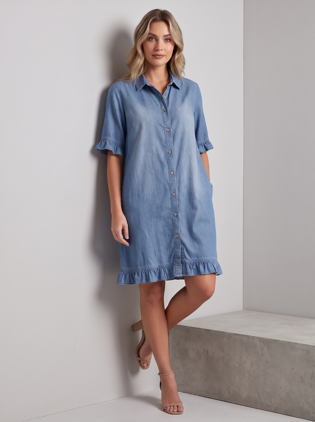 Women's Ruffled-Edge Casual Dress with Short Ruffle Sleeves