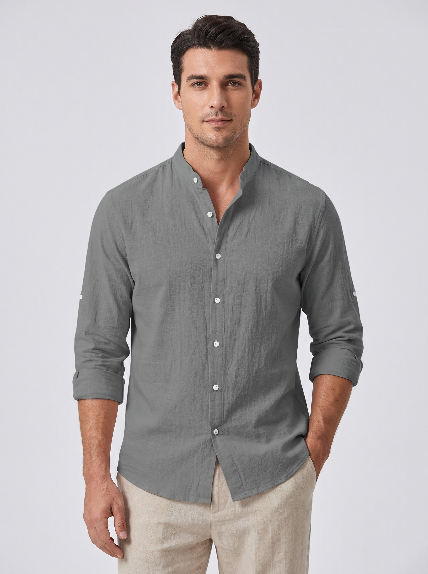 Men's Linen Shirt with Standing Collar for Casual Style
