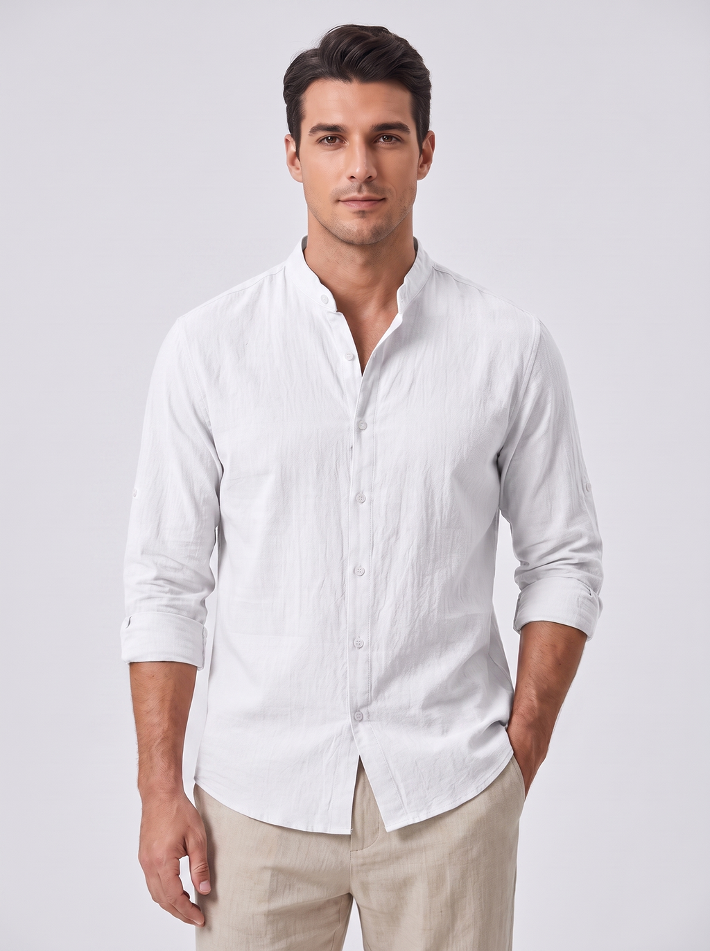 Men's Linen Shirt with Standing Collar for Casual Style
