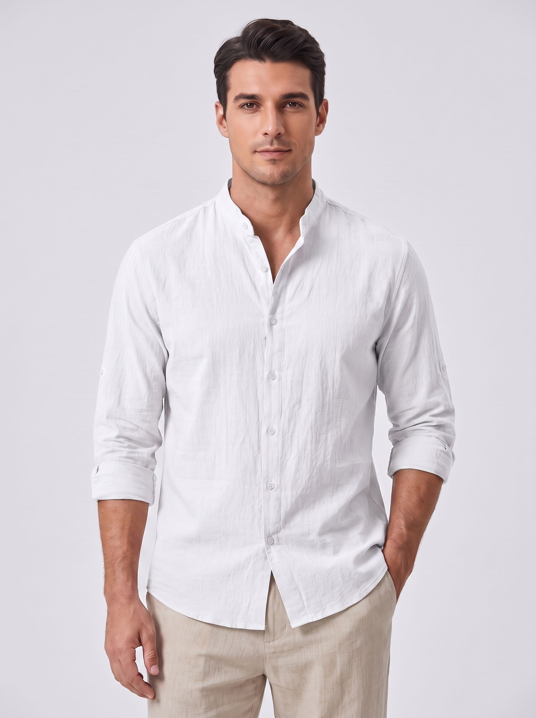 Men's Linen Shirt with Standing Collar for Casual Style