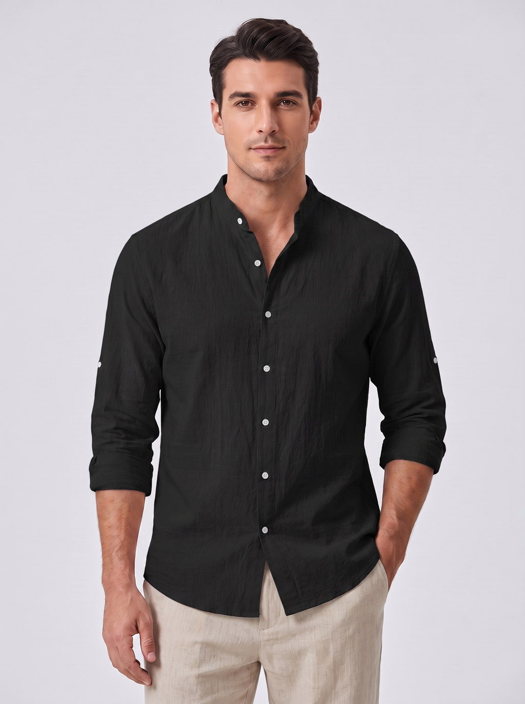 Men's Linen Shirt with Standing Collar for Casual Style