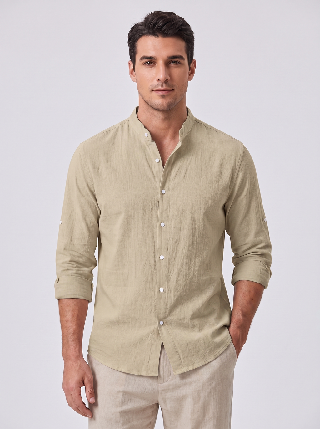 Men's Linen Shirt with Standing Collar for Casual Style