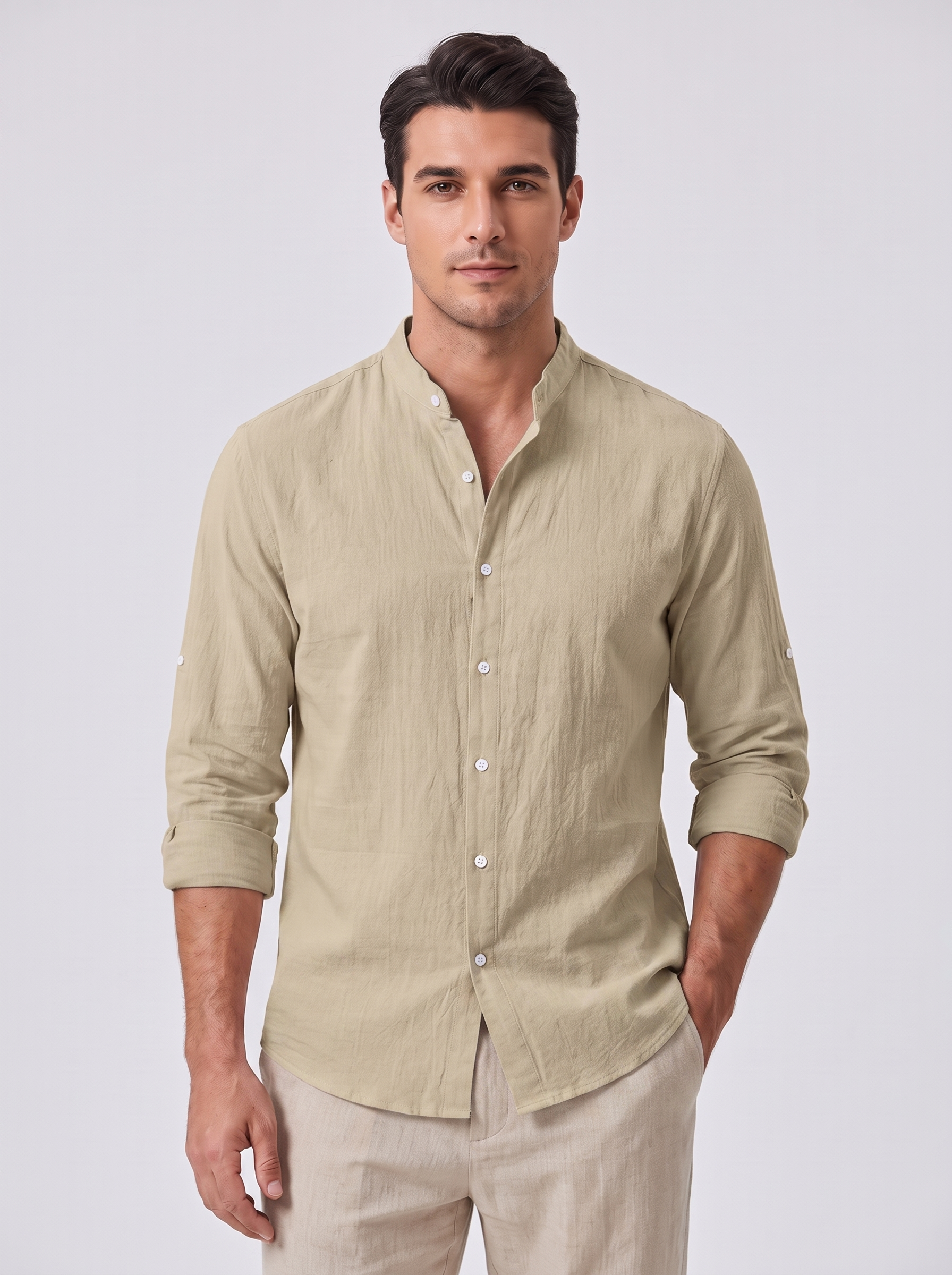 Men's Linen Shirt with Standing Collar for Casual Style