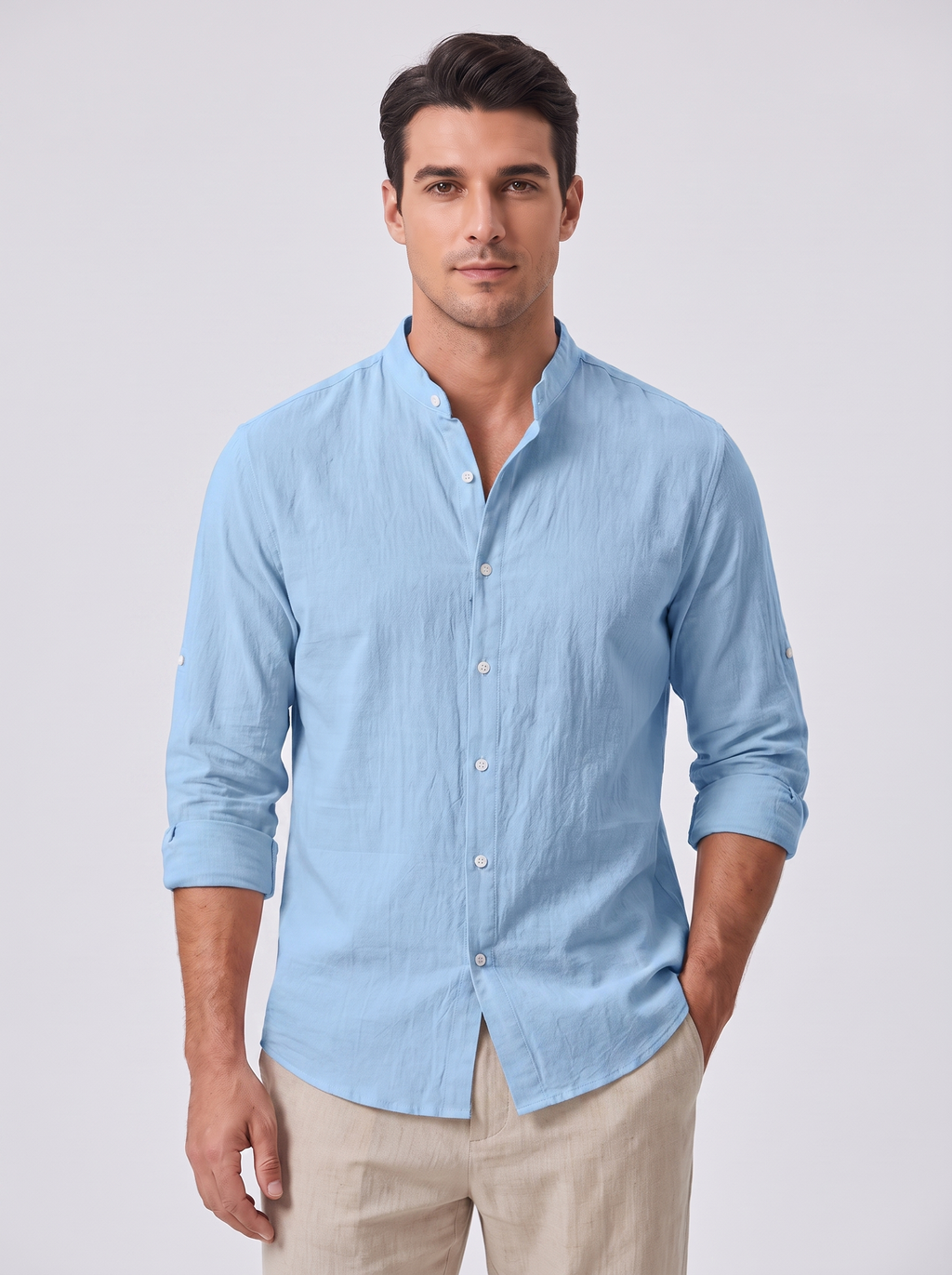 Men's Linen Shirt with Standing Collar for Casual Style