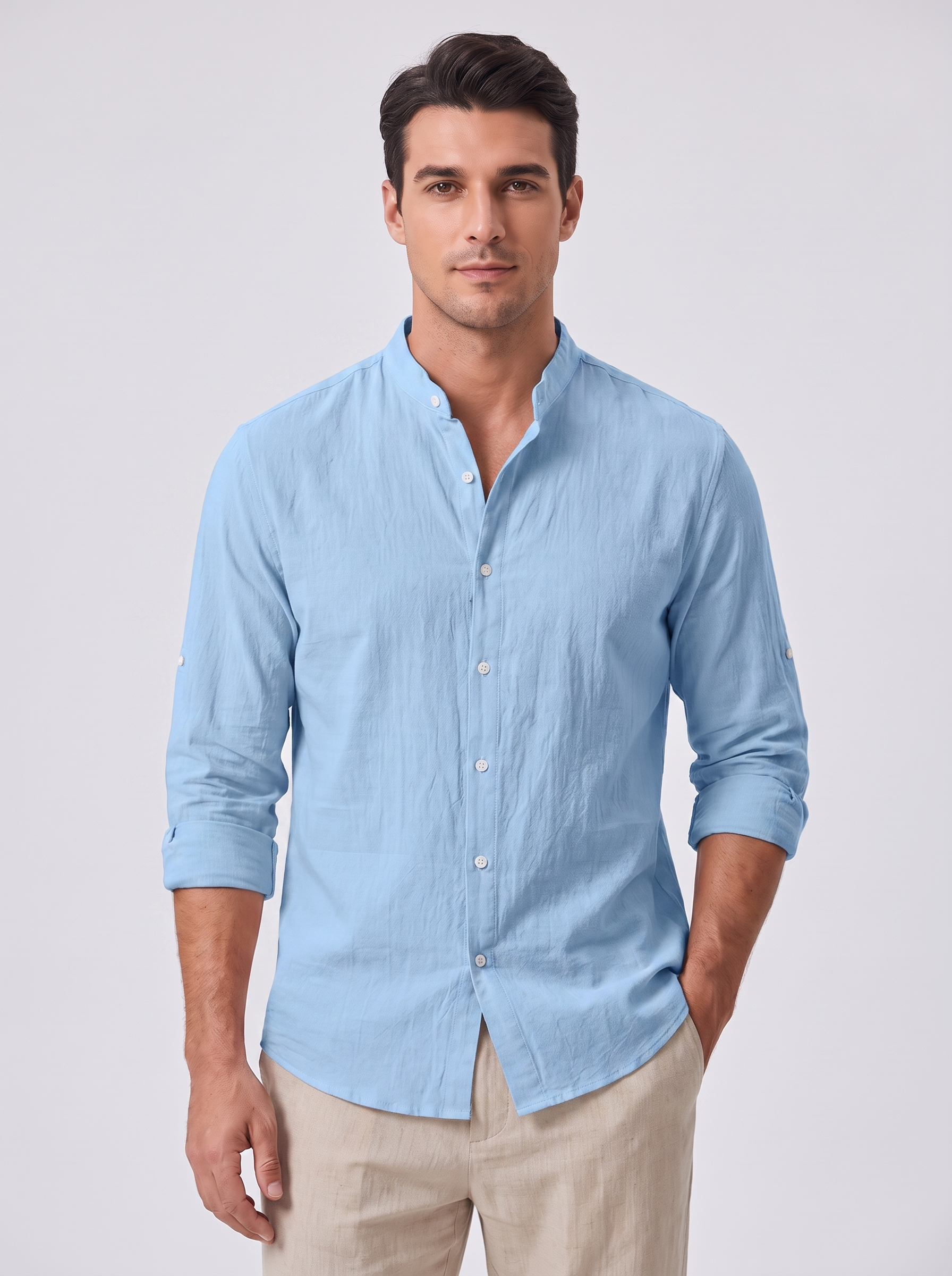 Men's Linen Shirt with Standing Collar for Casual Style