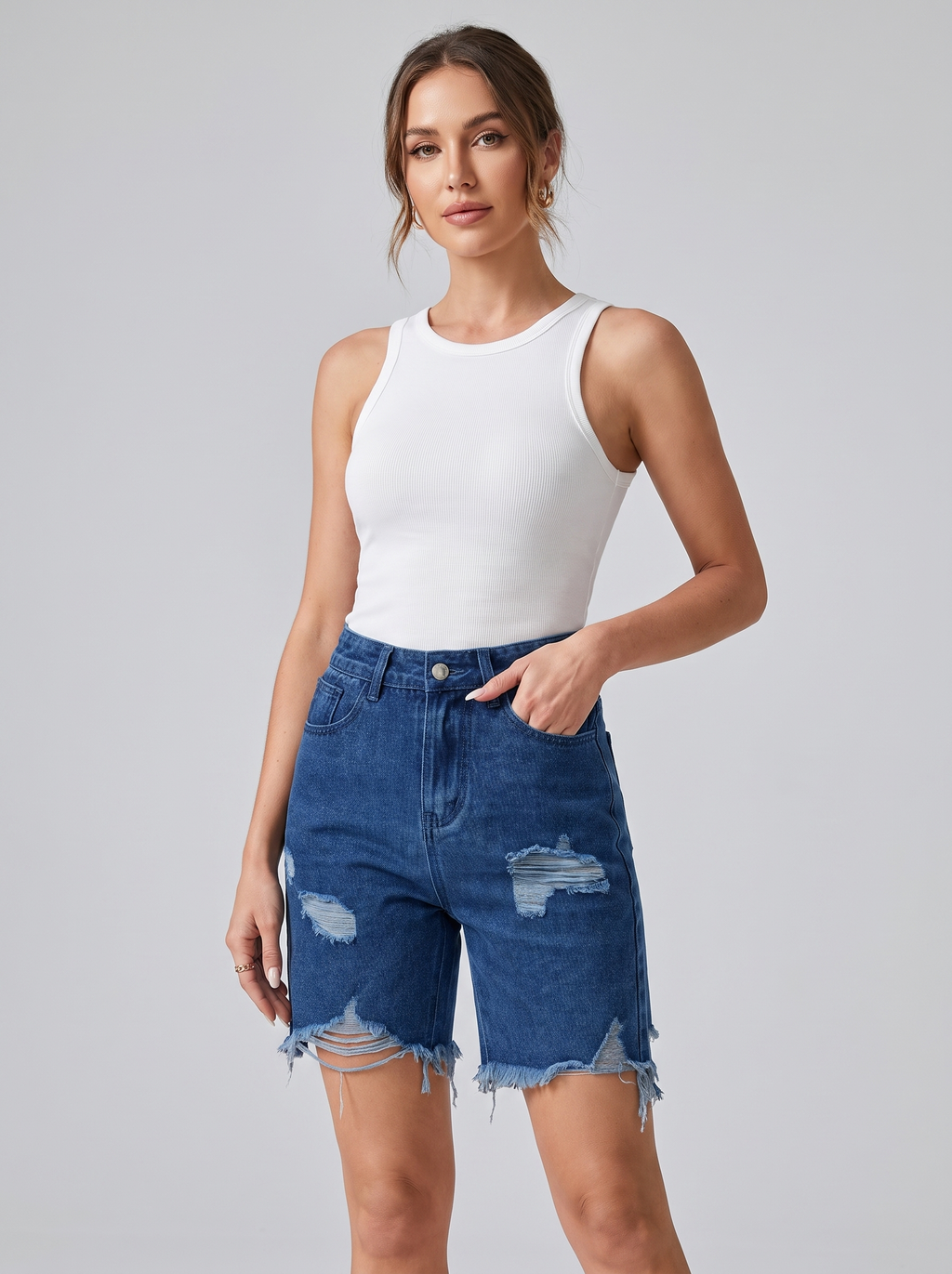 Women's Casual Ripped Denim Shorts Mid-Waist Cropped