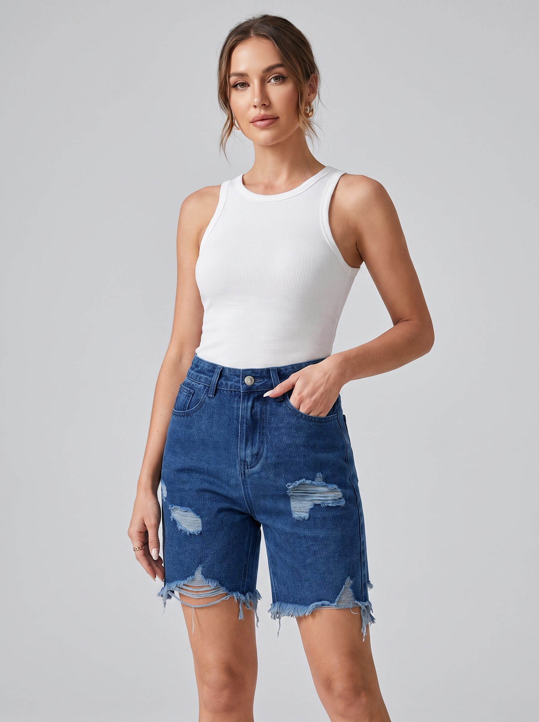 Women's Casual Ripped Denim Shorts Mid-Waist Cropped