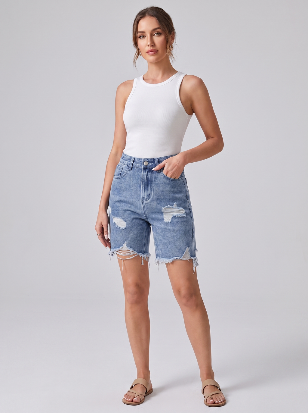 Women's Casual Ripped Denim Shorts Mid-Waist Cropped