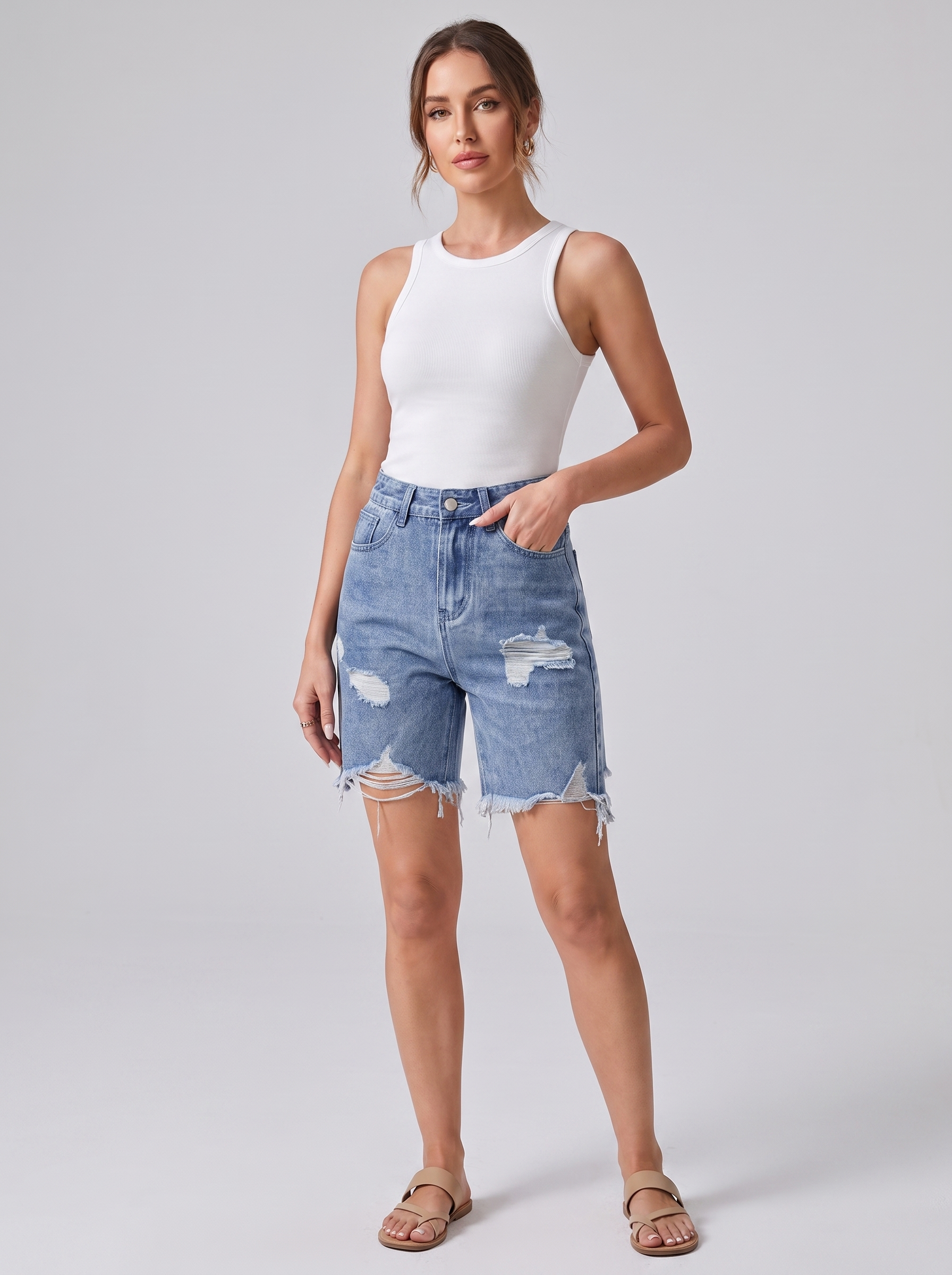 Women's Casual Ripped Denim Shorts Mid-Waist Cropped