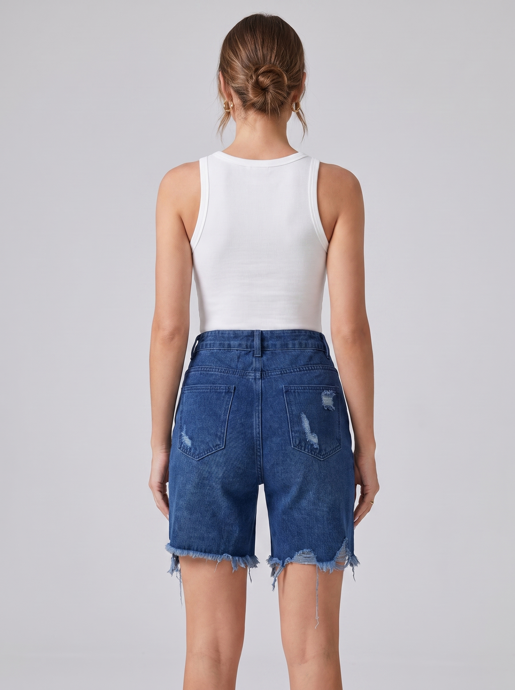 Women's Casual Ripped Denim Shorts Mid-Waist Cropped
