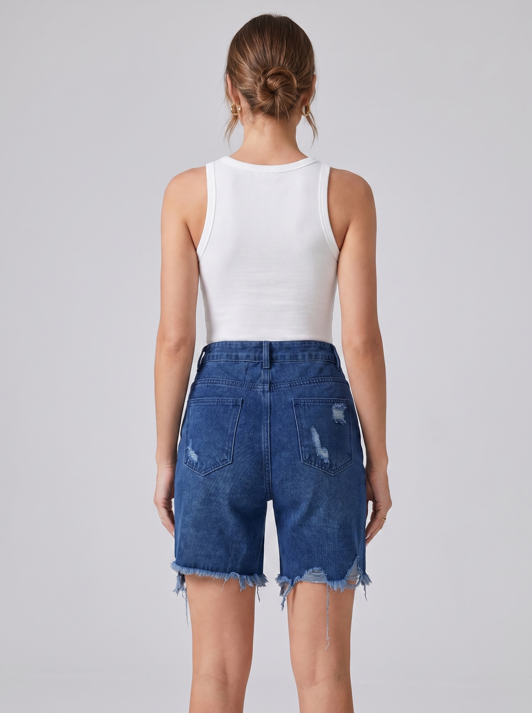 Women's Casual Ripped Denim Shorts Mid-Waist Cropped