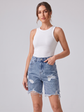 Women's Casual Ripped Denim Shorts Mid-Waist Cropped