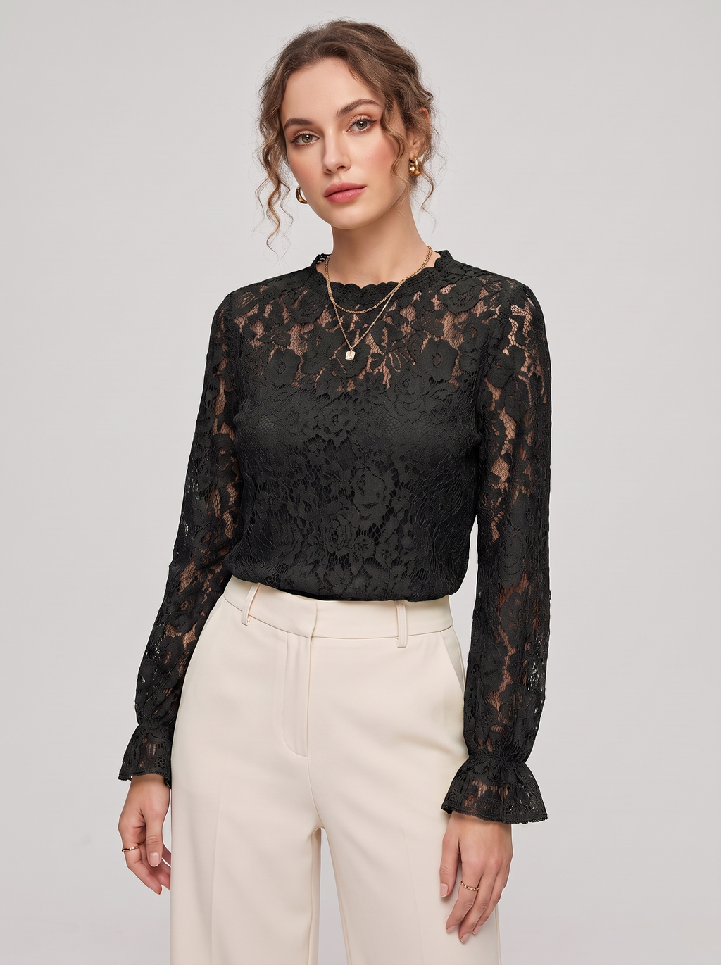 Women's Lace Hollow Long Sleeve Shirt