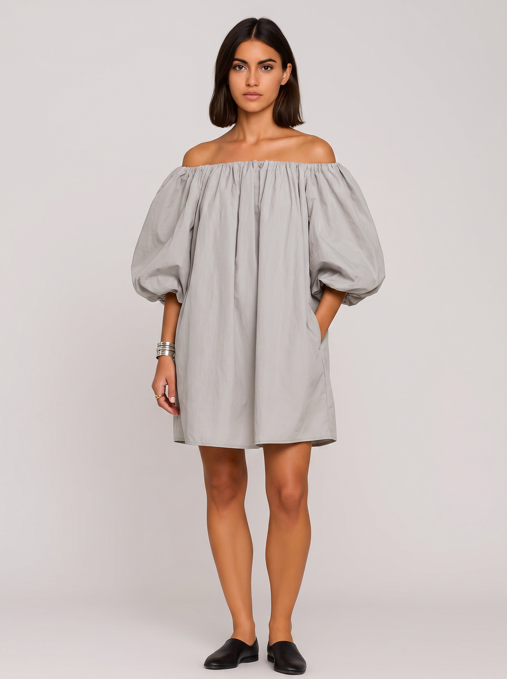 Women's Off-Shoulder Mini Summer Dress with Voluminous Sleeves