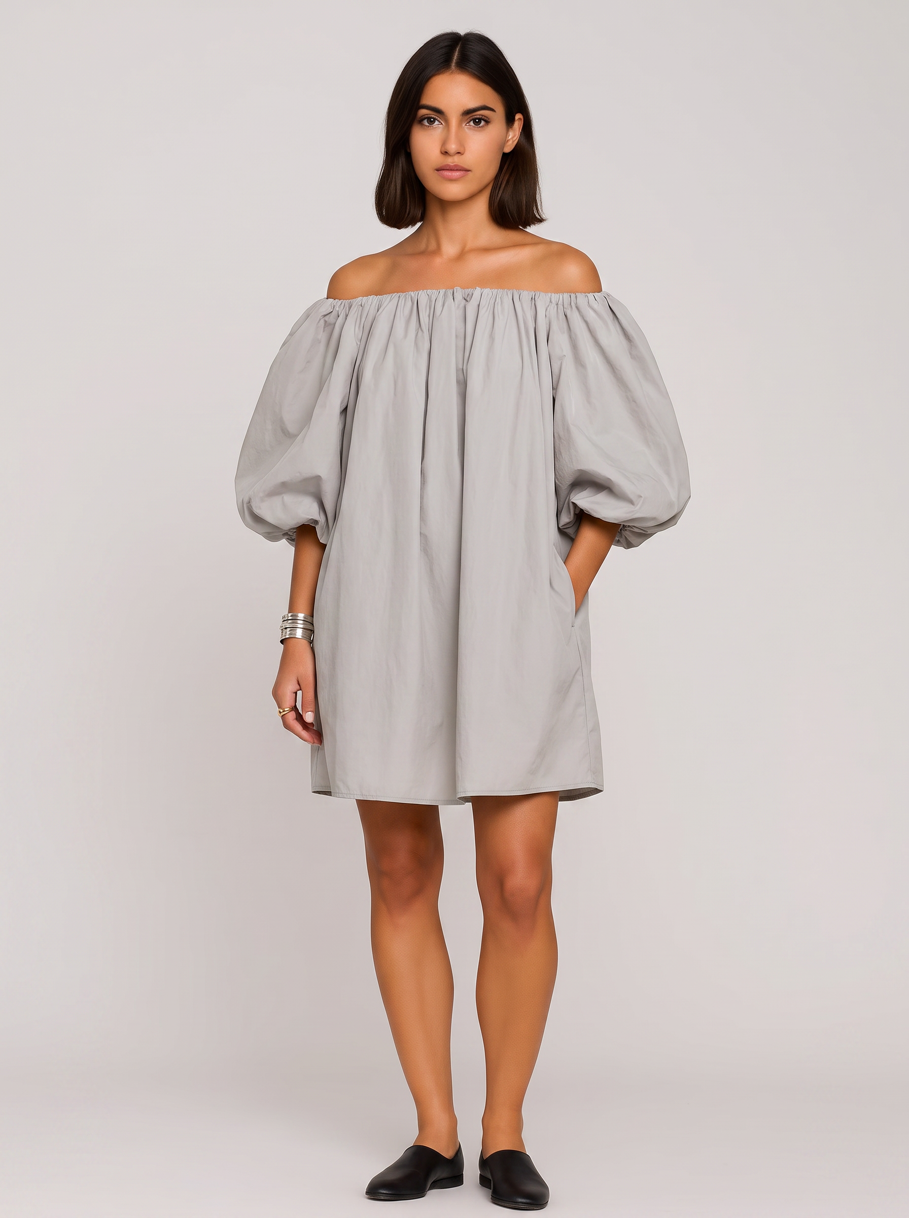 Women's Off-Shoulder Mini Summer Dress with Voluminous Sleeves