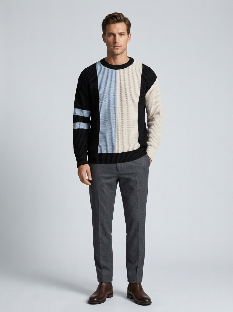 Men's Round Neck Pullover Sweater with Contrast Design