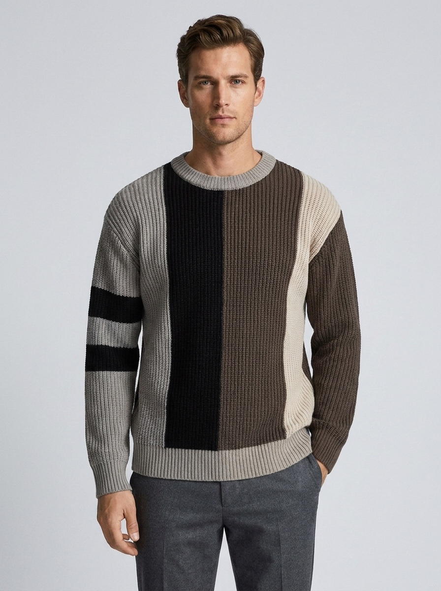 Men's Round Neck Pullover Sweater with Contrast Design