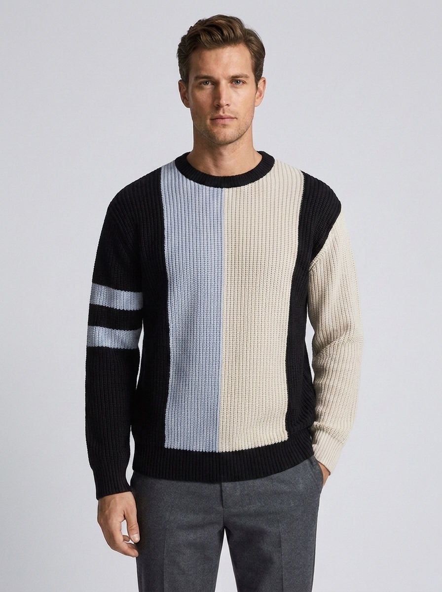 Men's Round Neck Pullover Sweater with Contrast Design