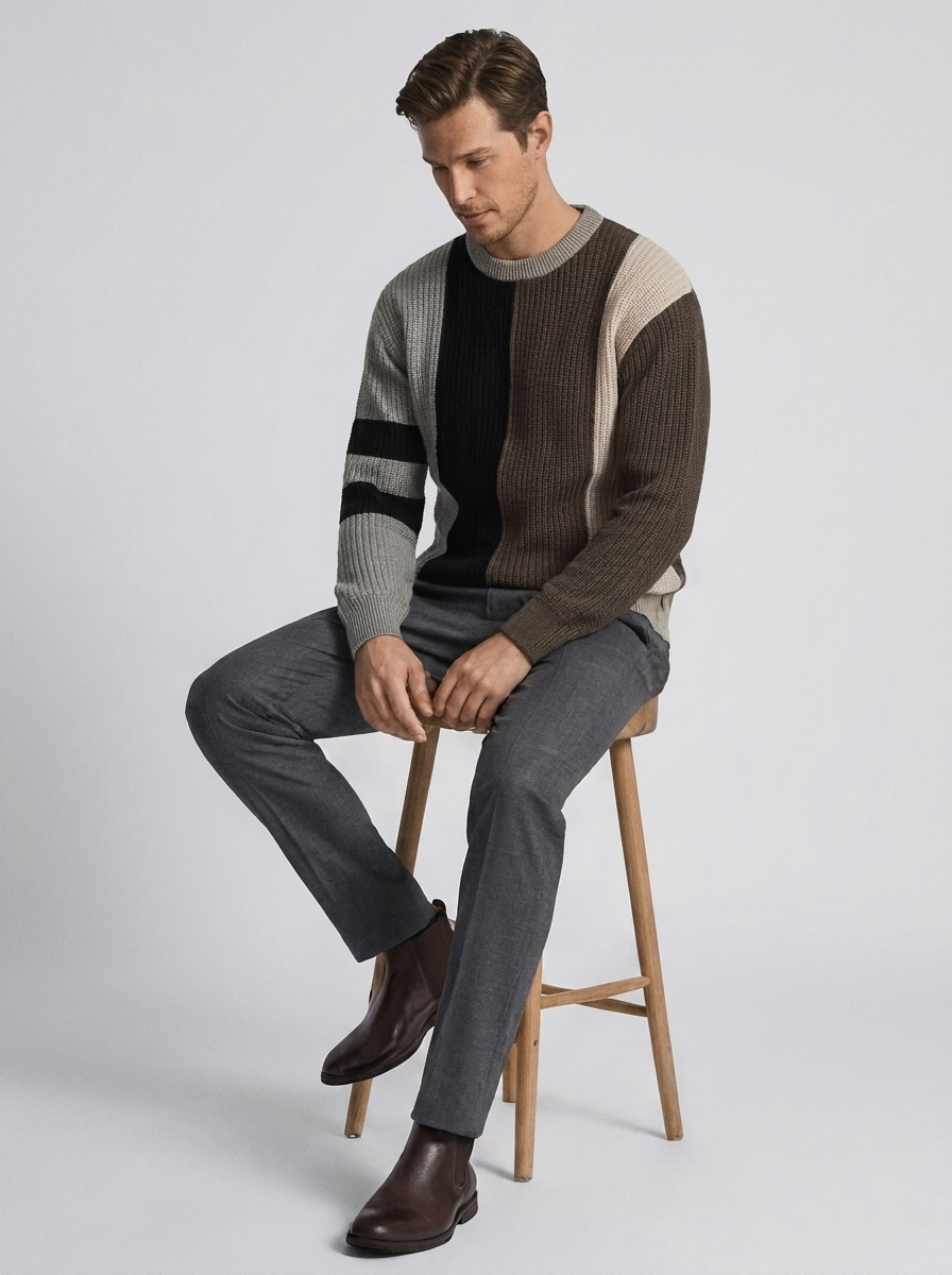 Men's Round Neck Pullover Sweater with Contrast Design