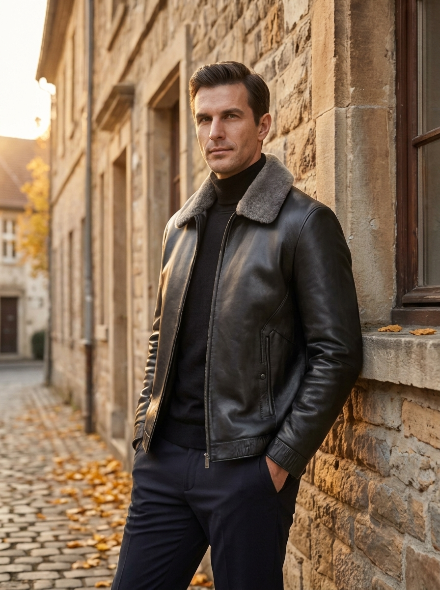 Men's Padded Leather Jacket - Business Casual