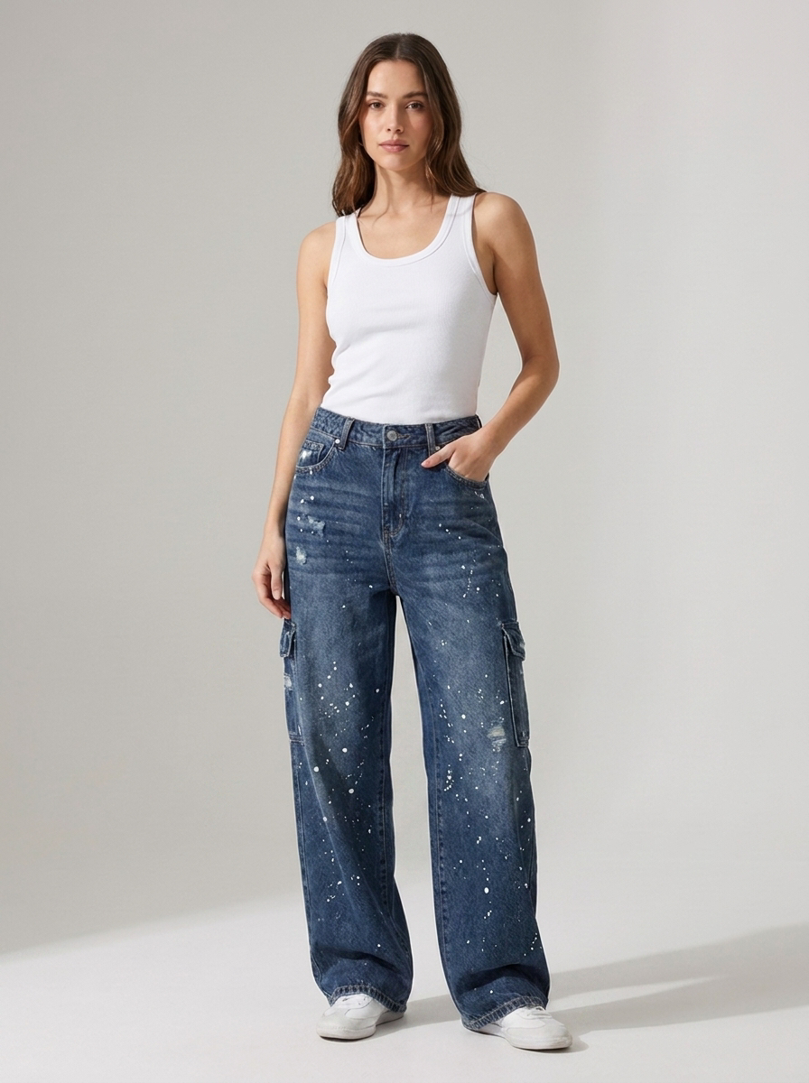 Women's Straight Wide-Leg Jeans with Pockets