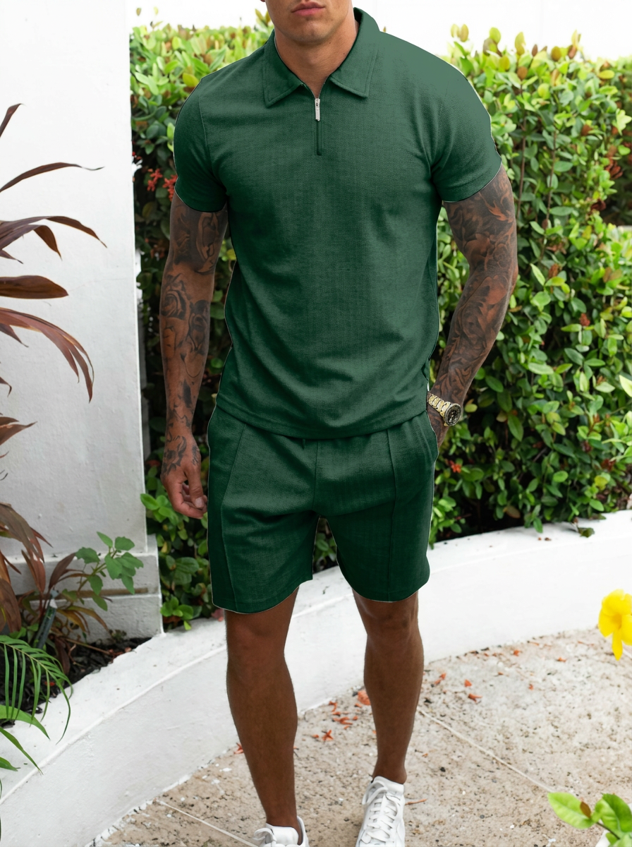 Herren-Set mit lässigem Slim-Fit-Poloshirt, kurzen Ärmeln und Viertelreißverschluss