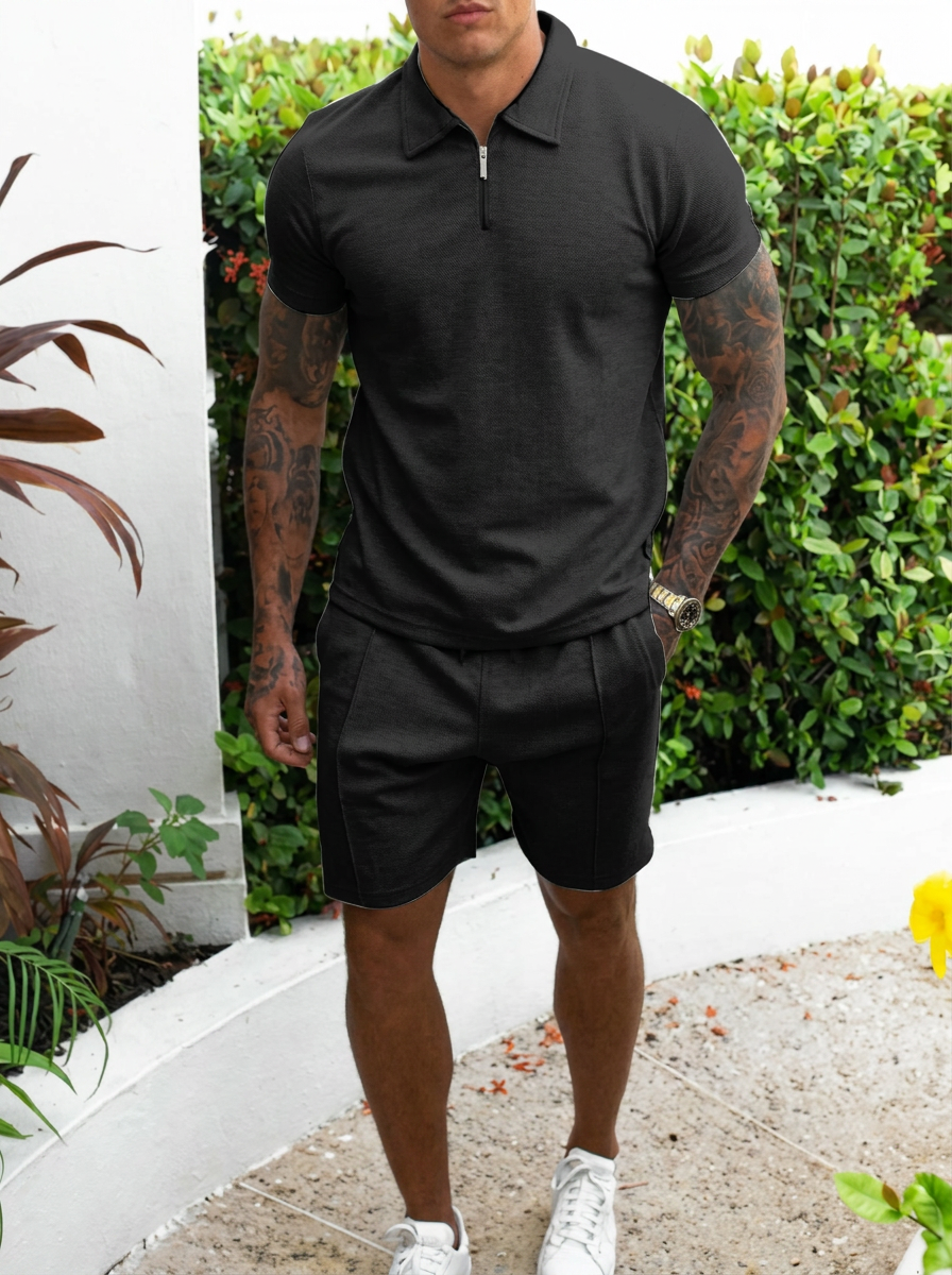 Herren-Set mit lässigem Slim-Fit-Poloshirt, kurzen Ärmeln und Viertelreißverschluss