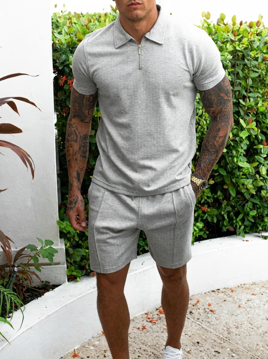 Herren-Set mit lässigem Slim-Fit-Poloshirt, kurzen Ärmeln und Viertelreißverschluss