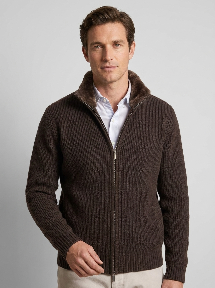 Men's Knitted Cardigan with Lapel and Removable Fur Collar