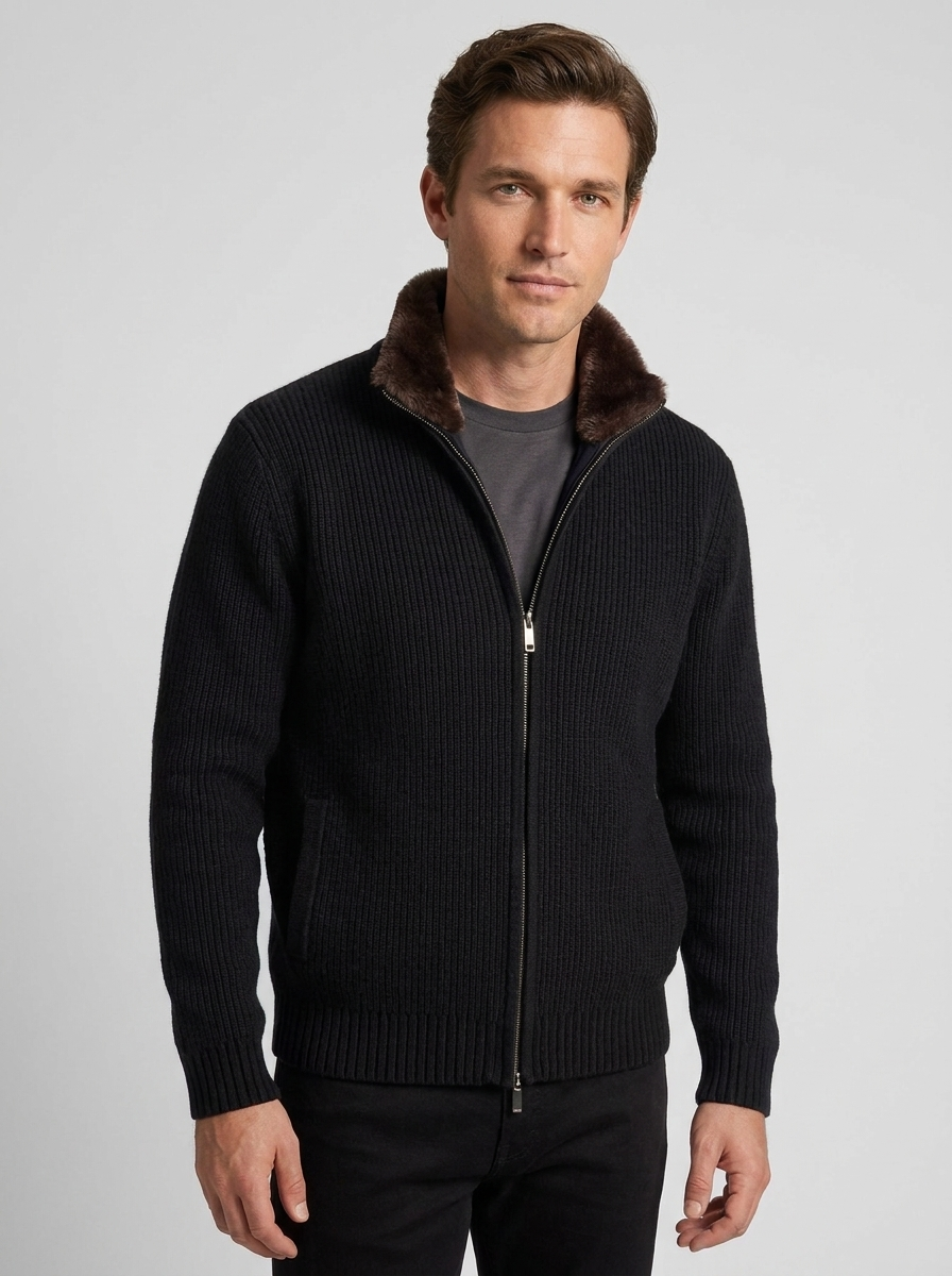 Men's Knitted Cardigan with Lapel and Removable Fur Collar