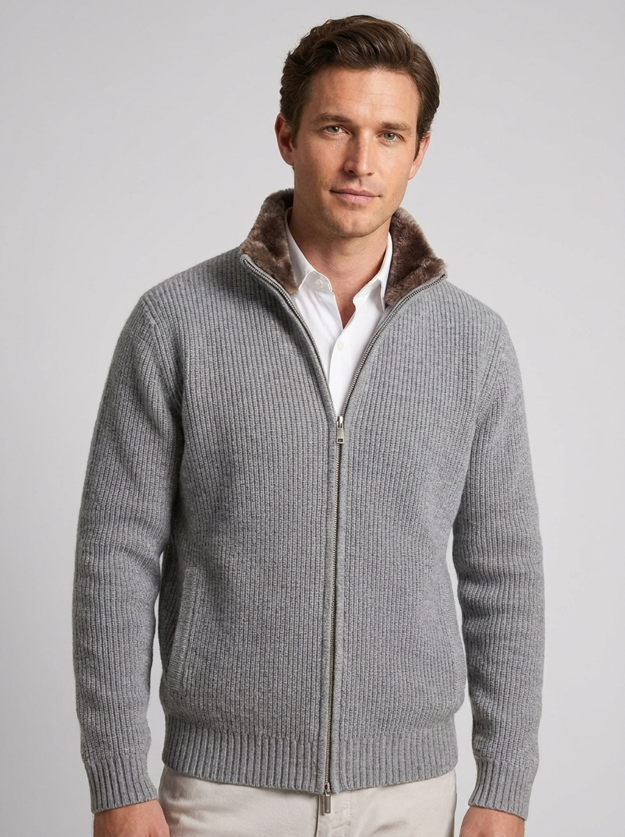 Men's Knitted Cardigan with Lapel and Removable Fur Collar