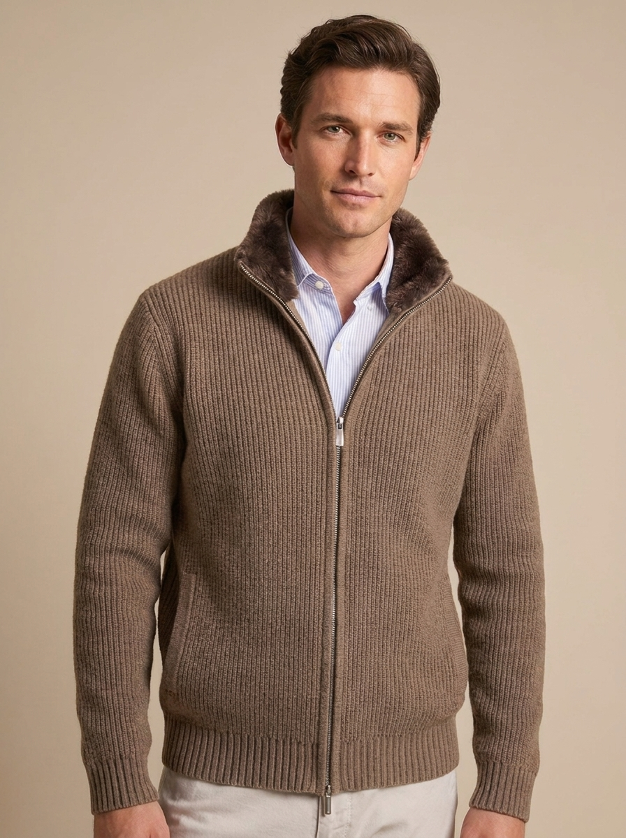 Men's Knitted Cardigan with Lapel and Removable Fur Collar