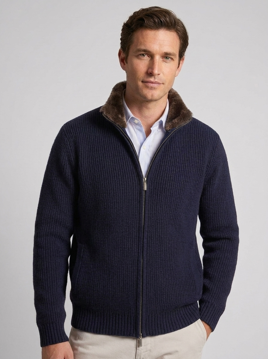 Men's Knitted Cardigan with Lapel and Removable Fur Collar