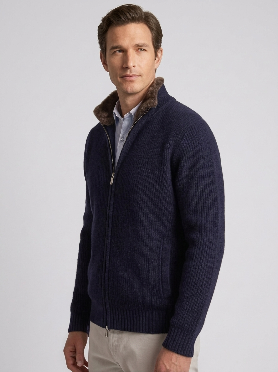 Men's Knitted Cardigan with Lapel and Removable Fur Collar