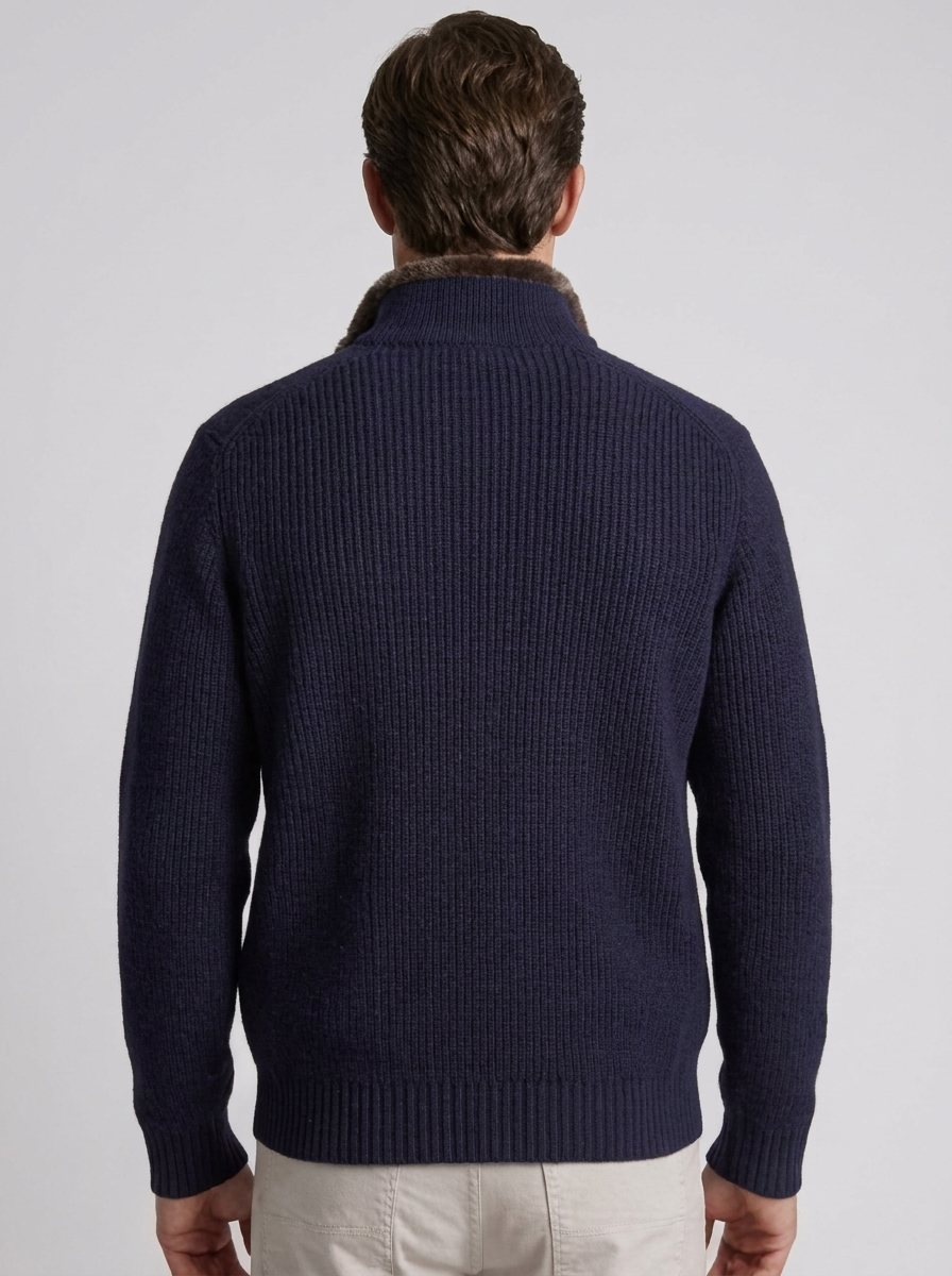Men's Knitted Cardigan with Lapel and Removable Fur Collar