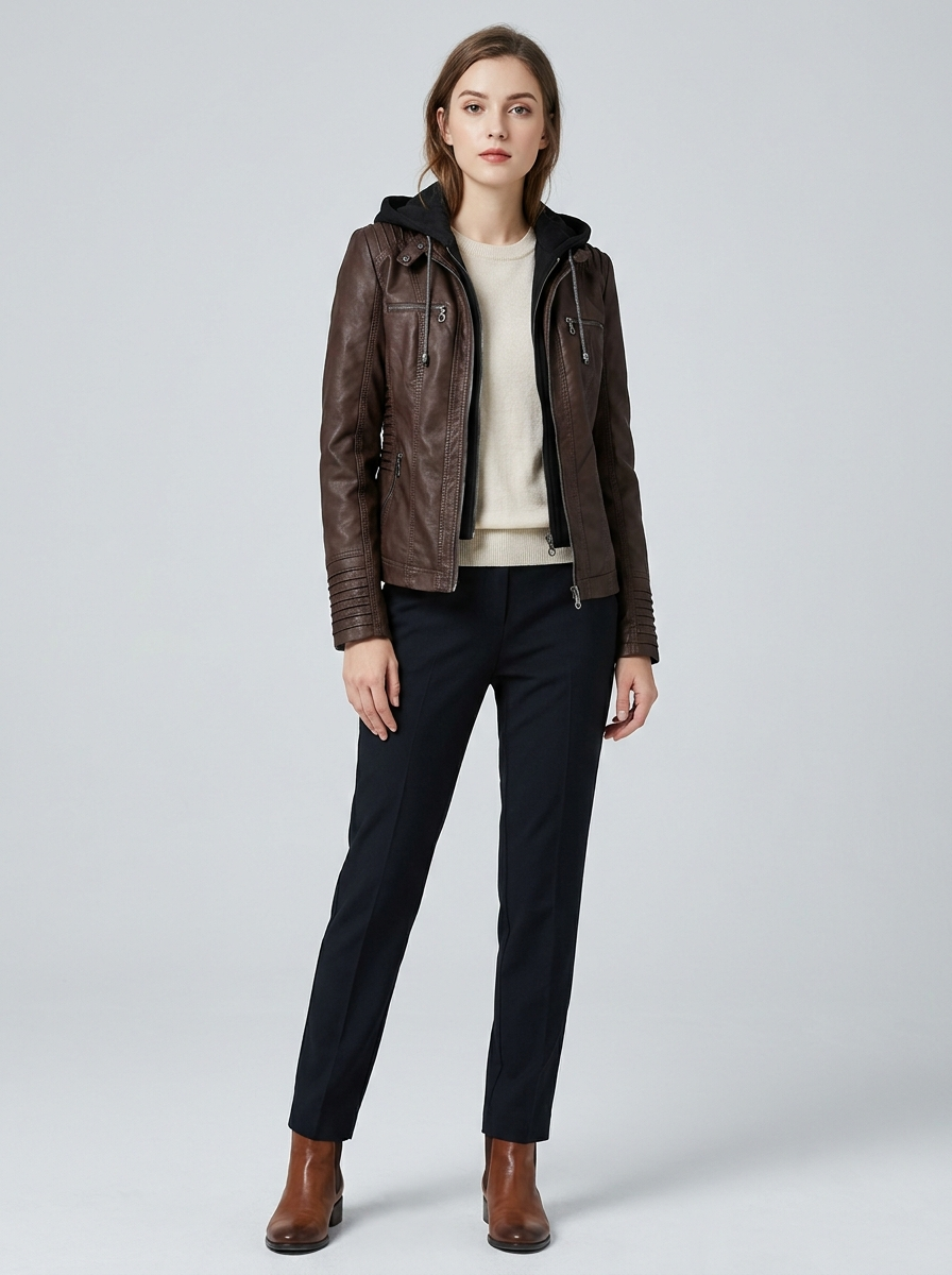 Women's Fitted Hooded Leather Biker Jacket