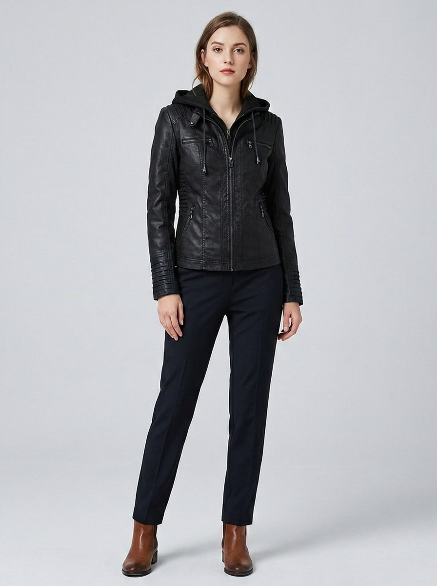 Women's Fitted Hooded Leather Biker Jacket
