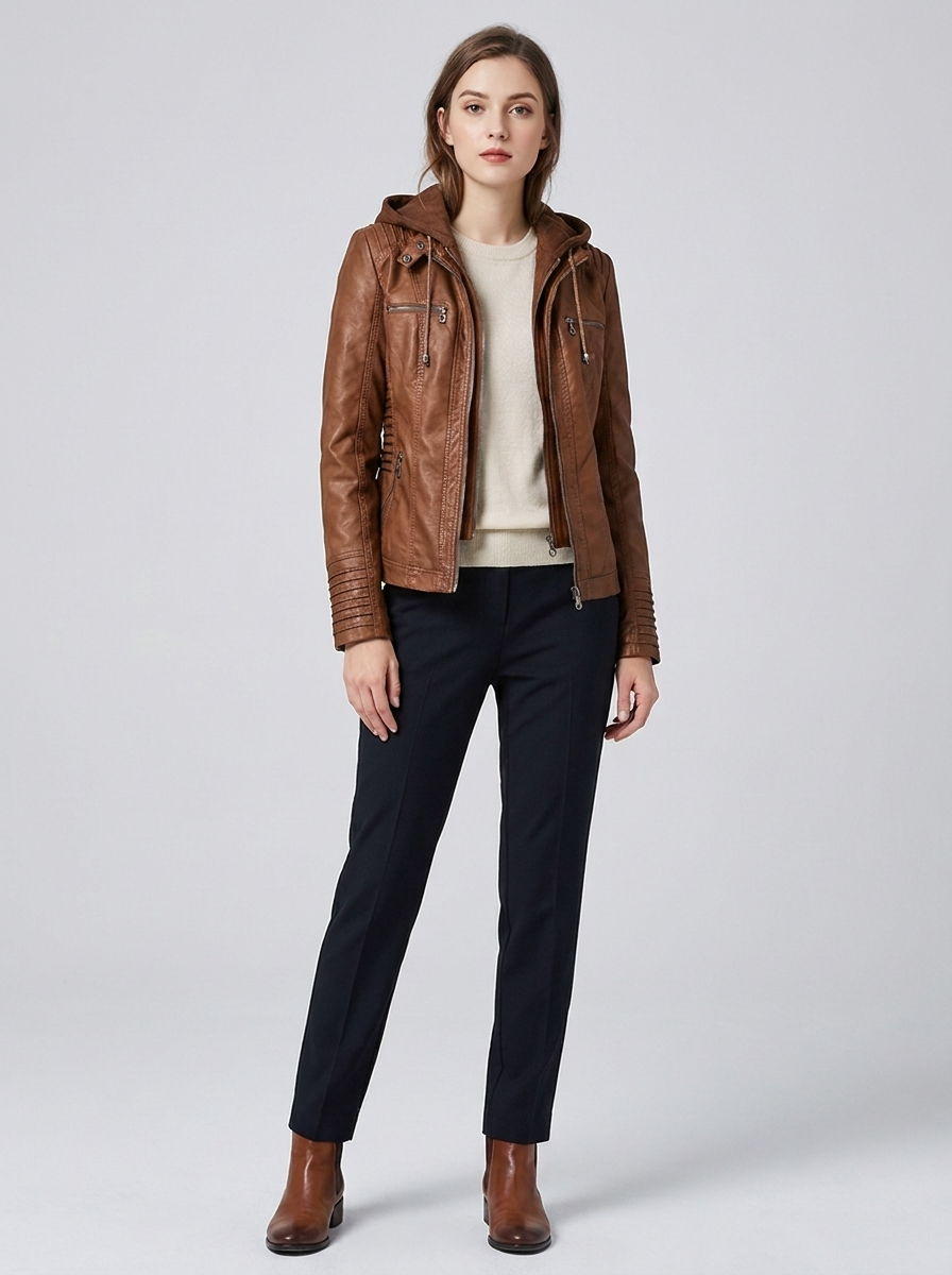 Women's Fitted Hooded Leather Biker Jacket