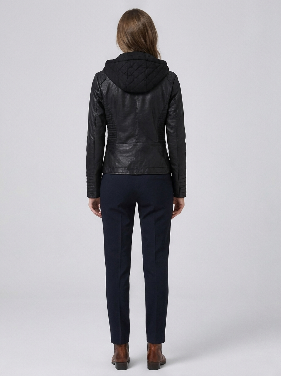 Women's Fitted Hooded Leather Biker Jacket
