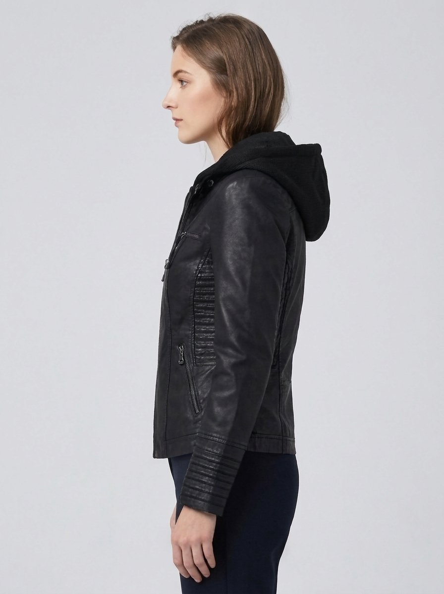 Women's Fitted Hooded Leather Biker Jacket