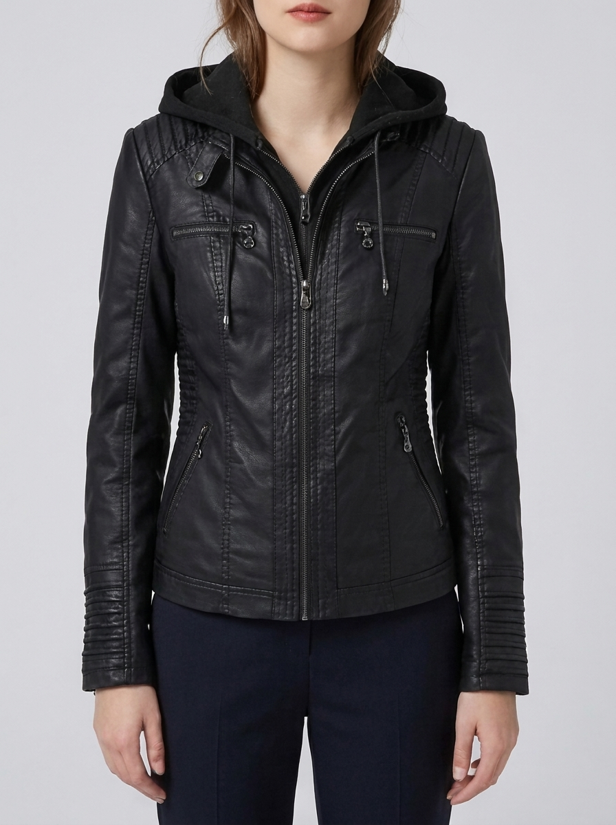 Women's Fitted Hooded Leather Biker Jacket