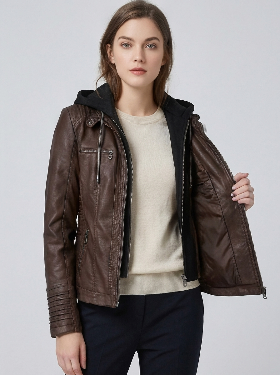 Women's Fitted Hooded Leather Biker Jacket