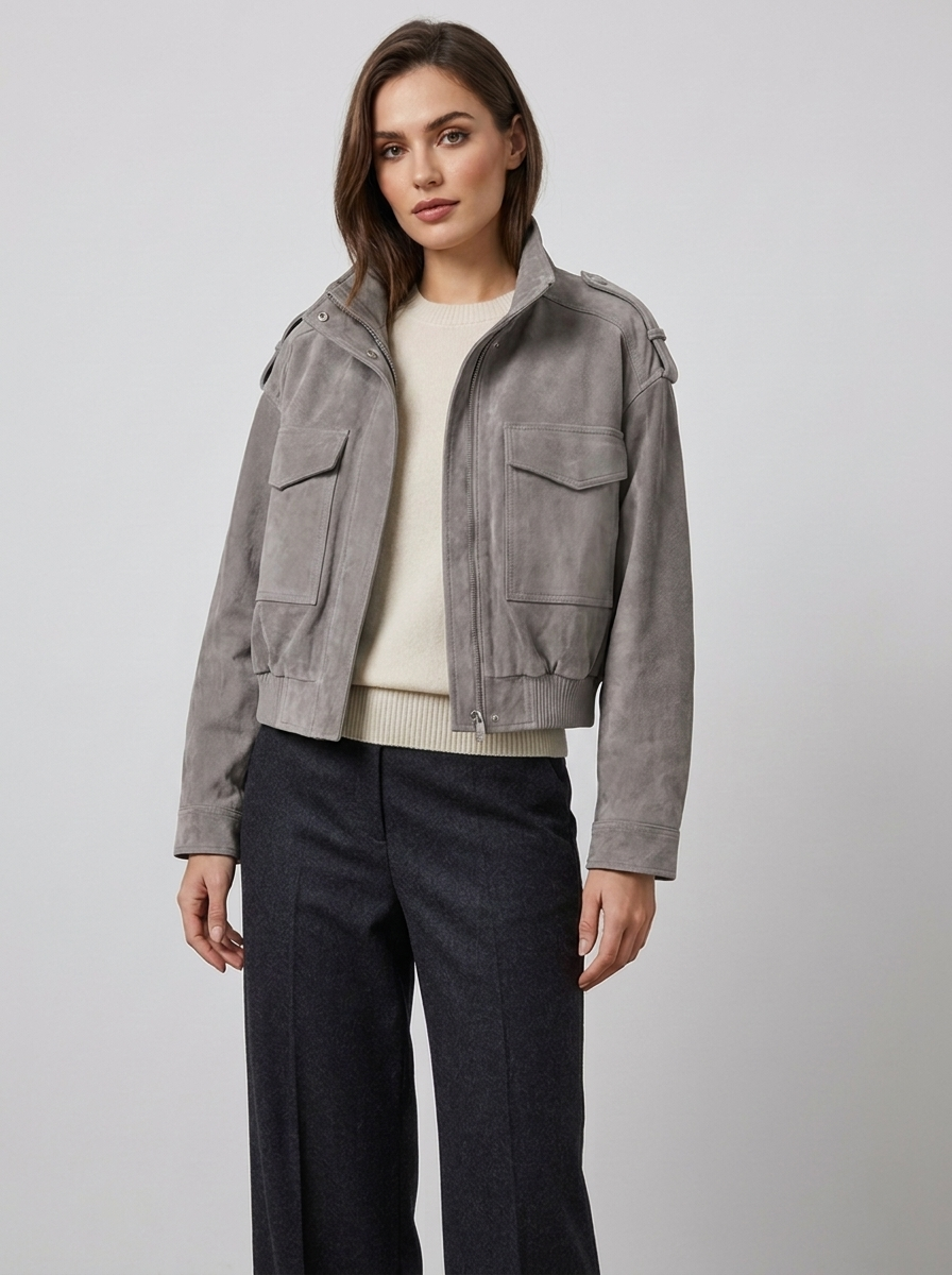 Women's Short Suede Bomber Jacket