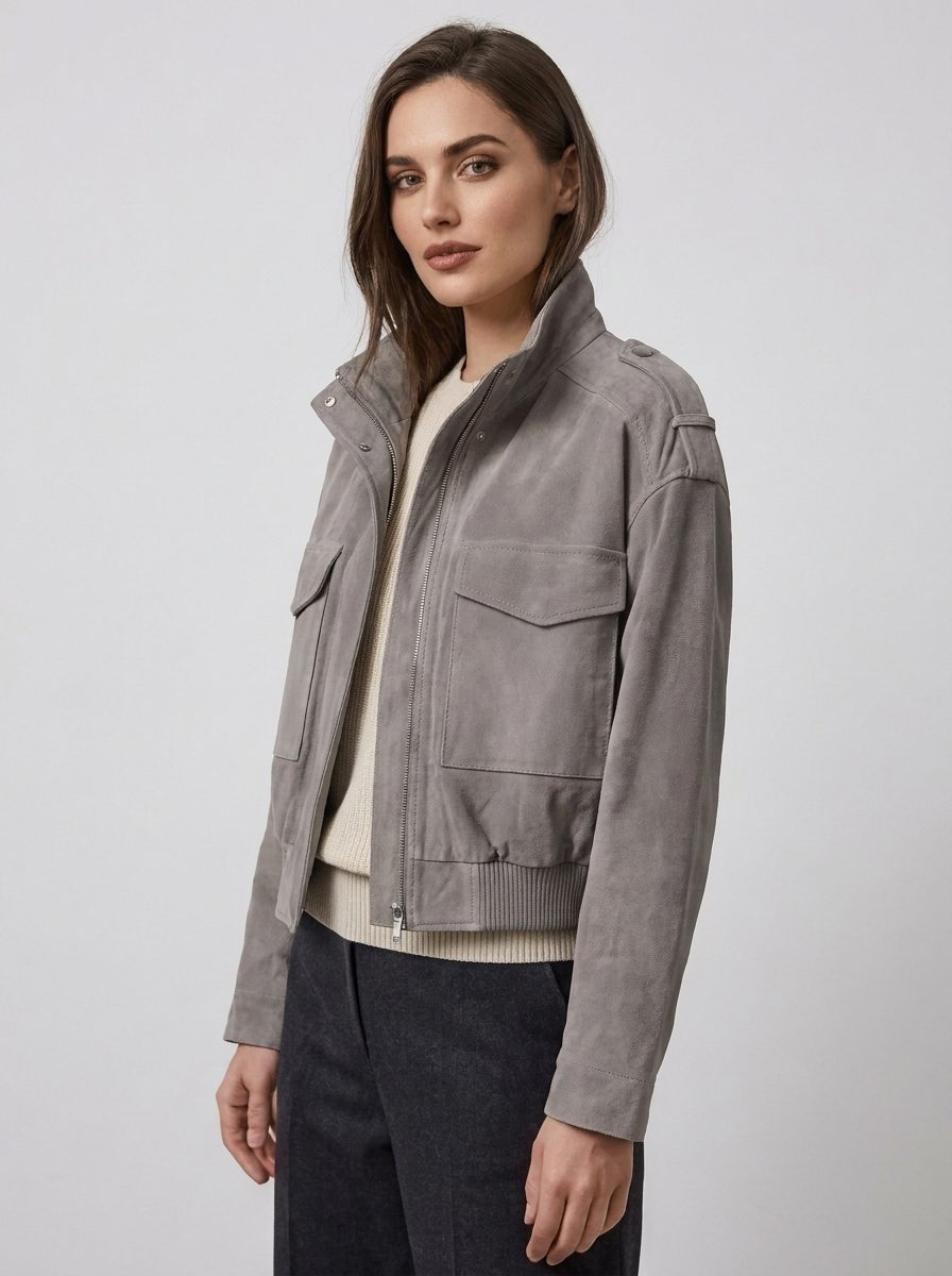 Women's Short Suede Bomber Jacket
