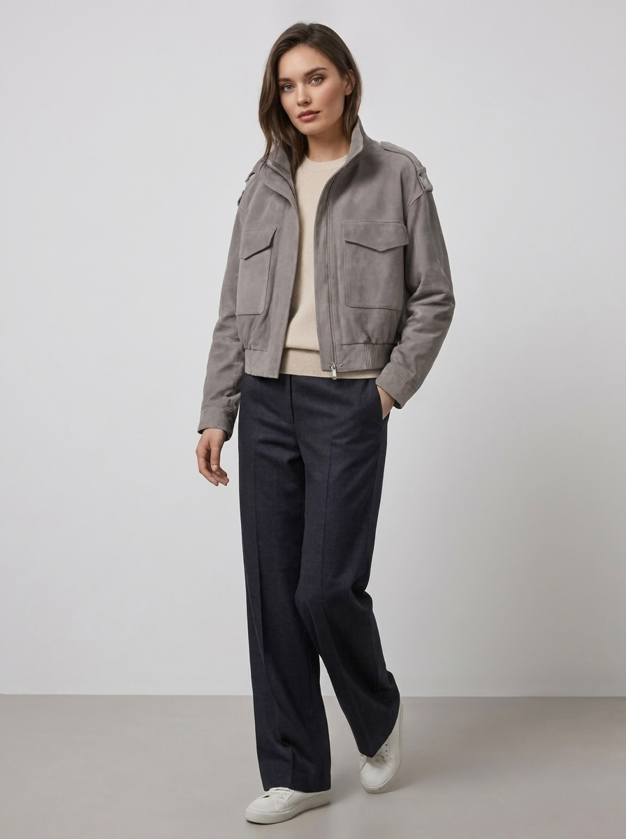 Women's Short Suede Bomber Jacket
