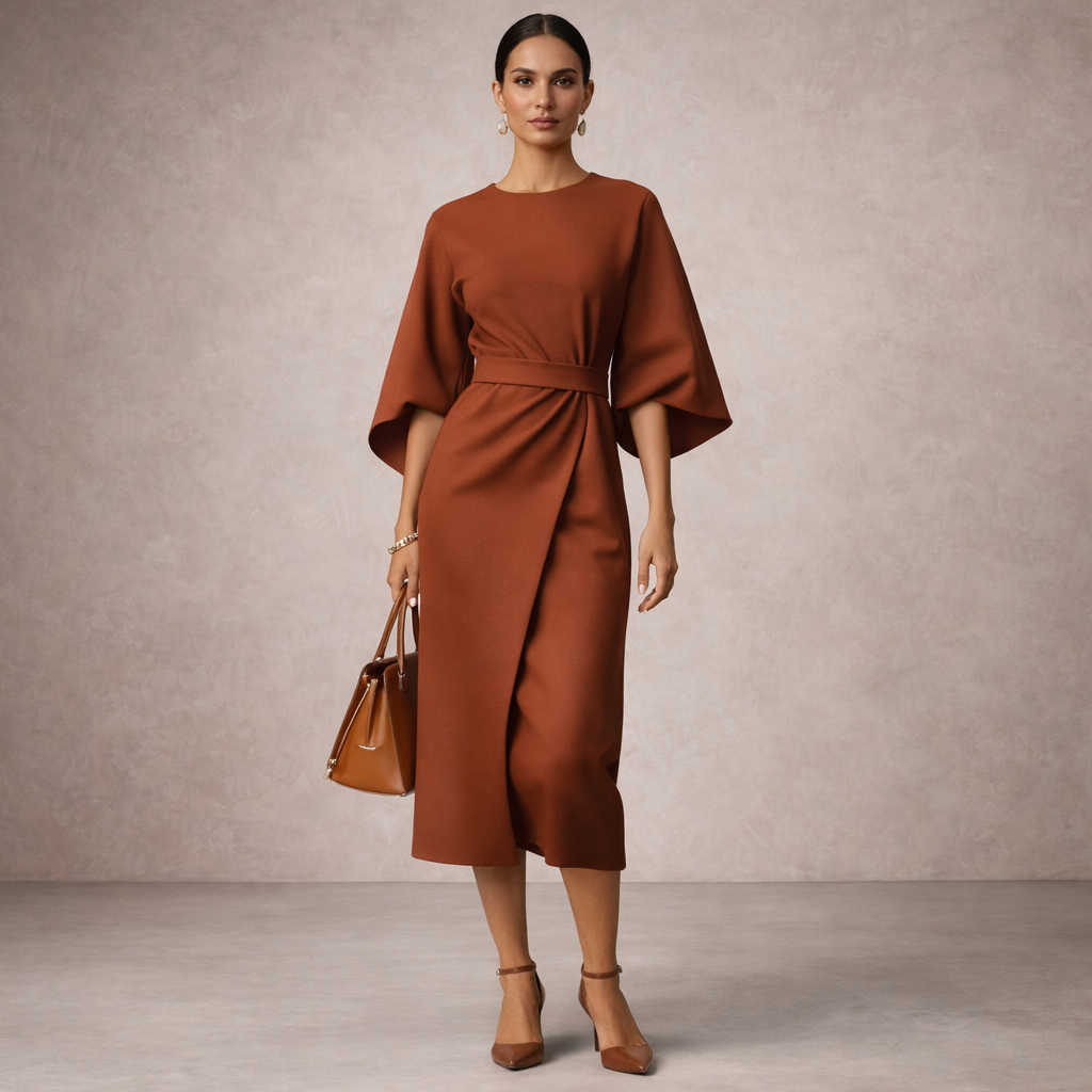 Women's Midi Dress Elegant Design with Waist Belt for Formal and Casual Wear